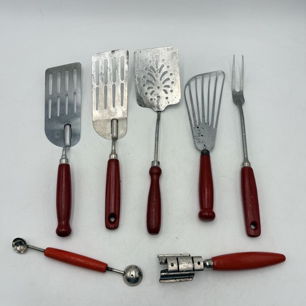Vintage Ekco A&J Red Handle Utensil Lot 7pc USA Spatula‎ Fork Baller Sharpener